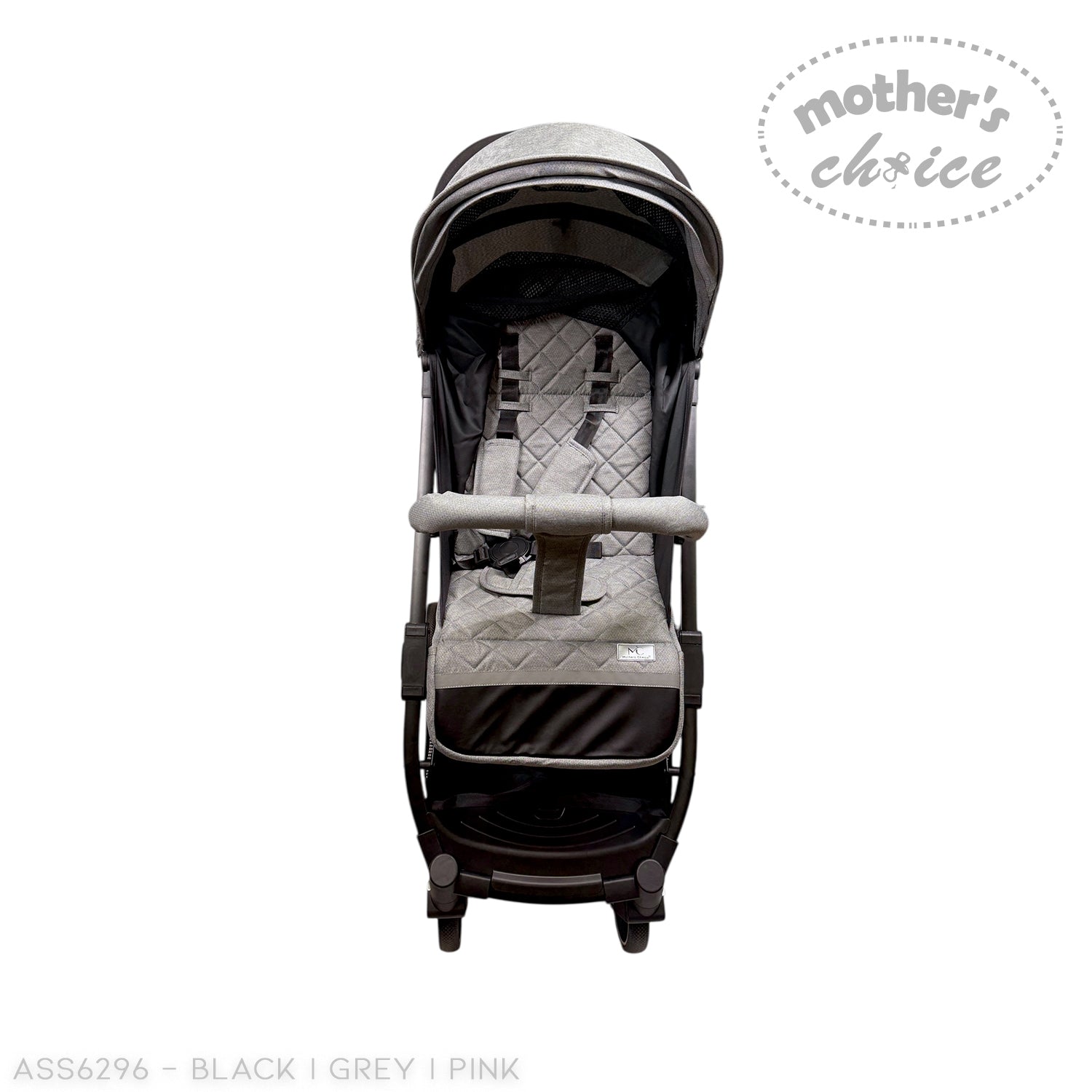 Black and gray baby stroller with quilted pattern on a white background, featuring 'Mother's Choice' branding.