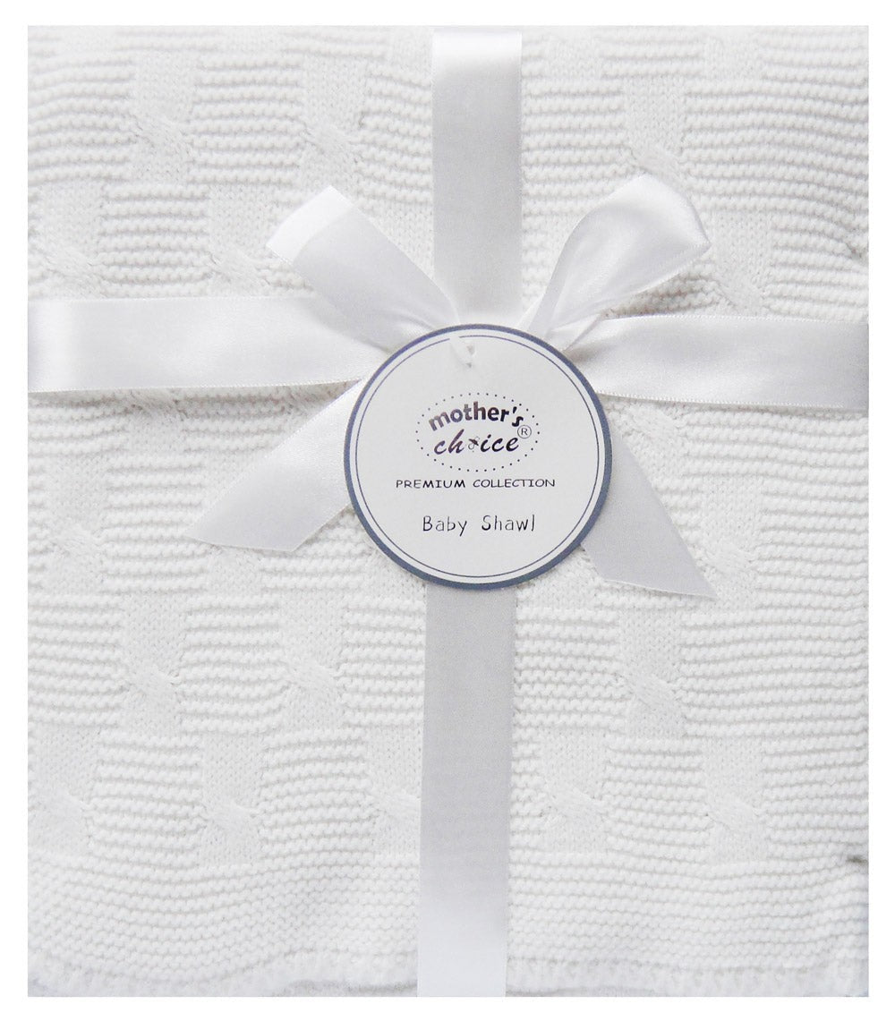 White baby shawl with a bow and 'Mother's Choice' label on a white background