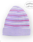 Purple striped baby hat on a white background with 'Mother's Choice' branding.