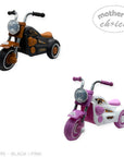 Black and pink toy tricycles with 'Mother's Choice' label on a white background