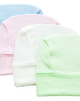Four baby hats in blue, pink, white, and green on a white background