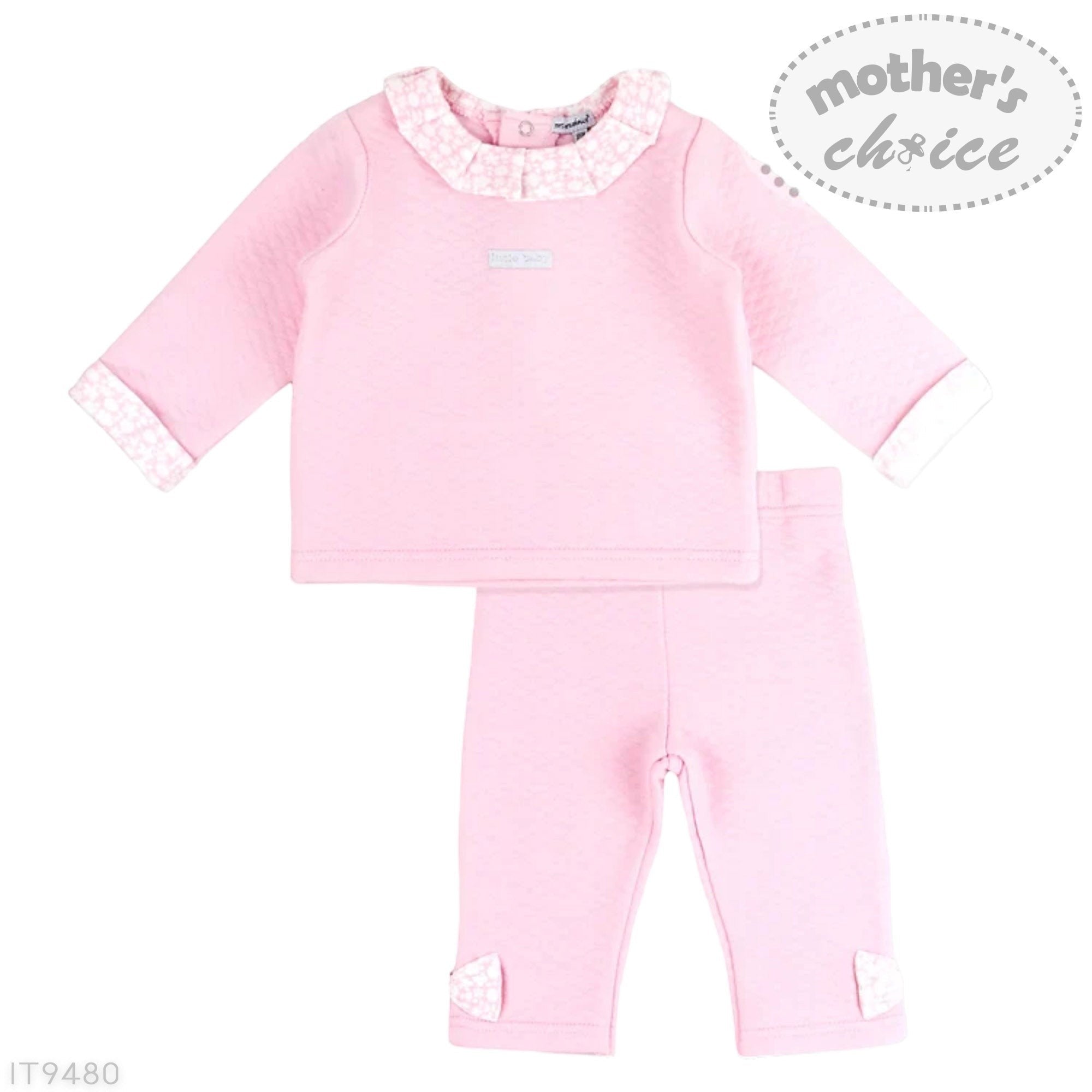 Pink baby outfit with lace collar on a white background, featuring 'Mother's Choice' branding.