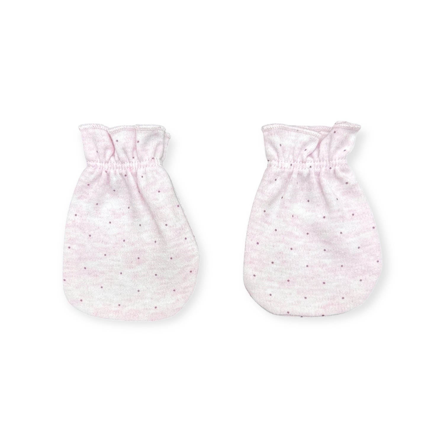 Pair of baby mittens with a subtle pattern on a white background