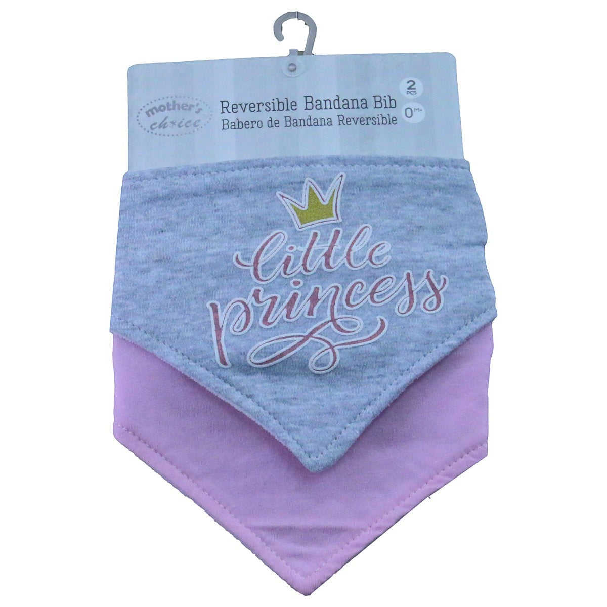 Reversible bandana bib with 'little princess' text and crown design on packaging