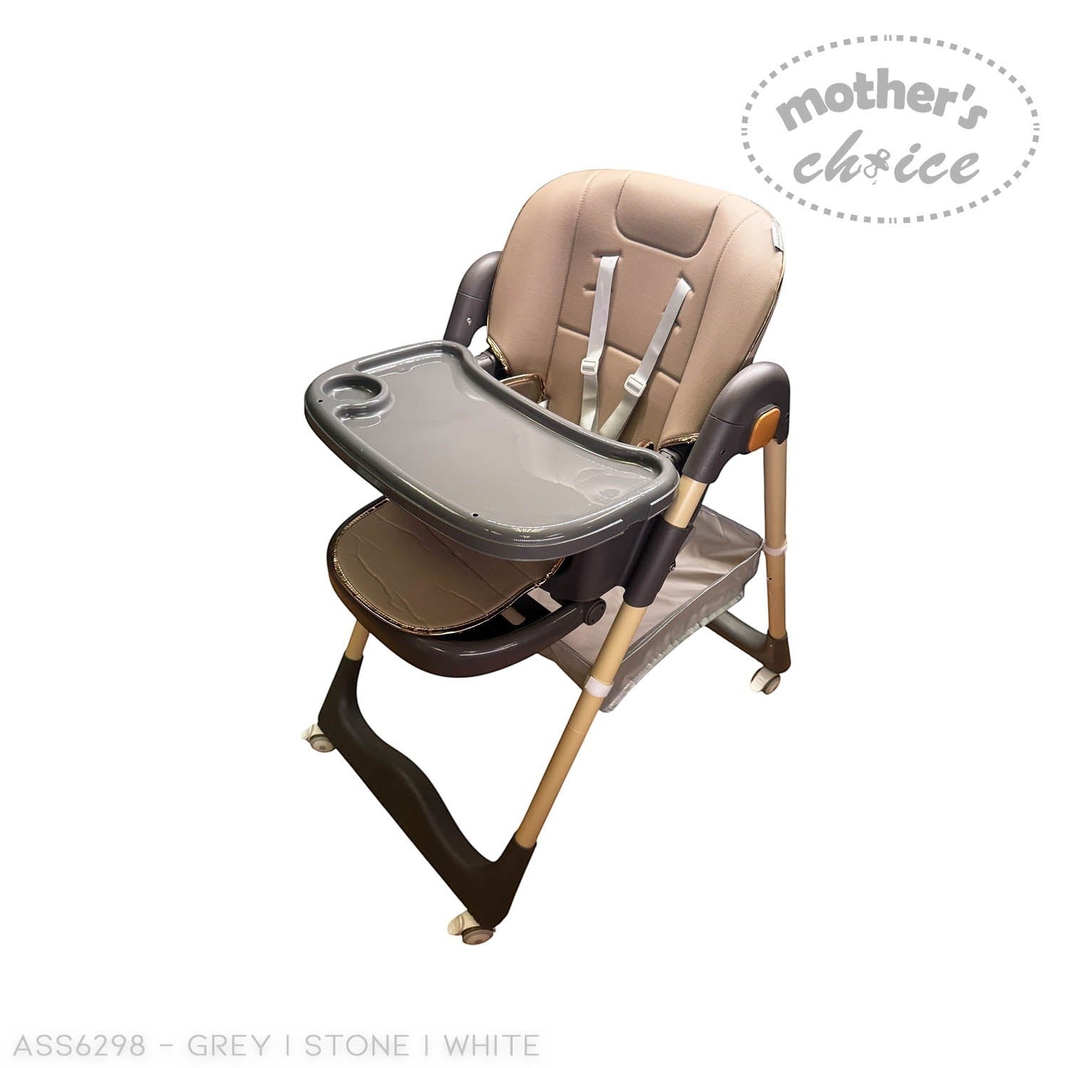 Beige and gray high chair with tray on a white background, branded 'Mother's Choice'.