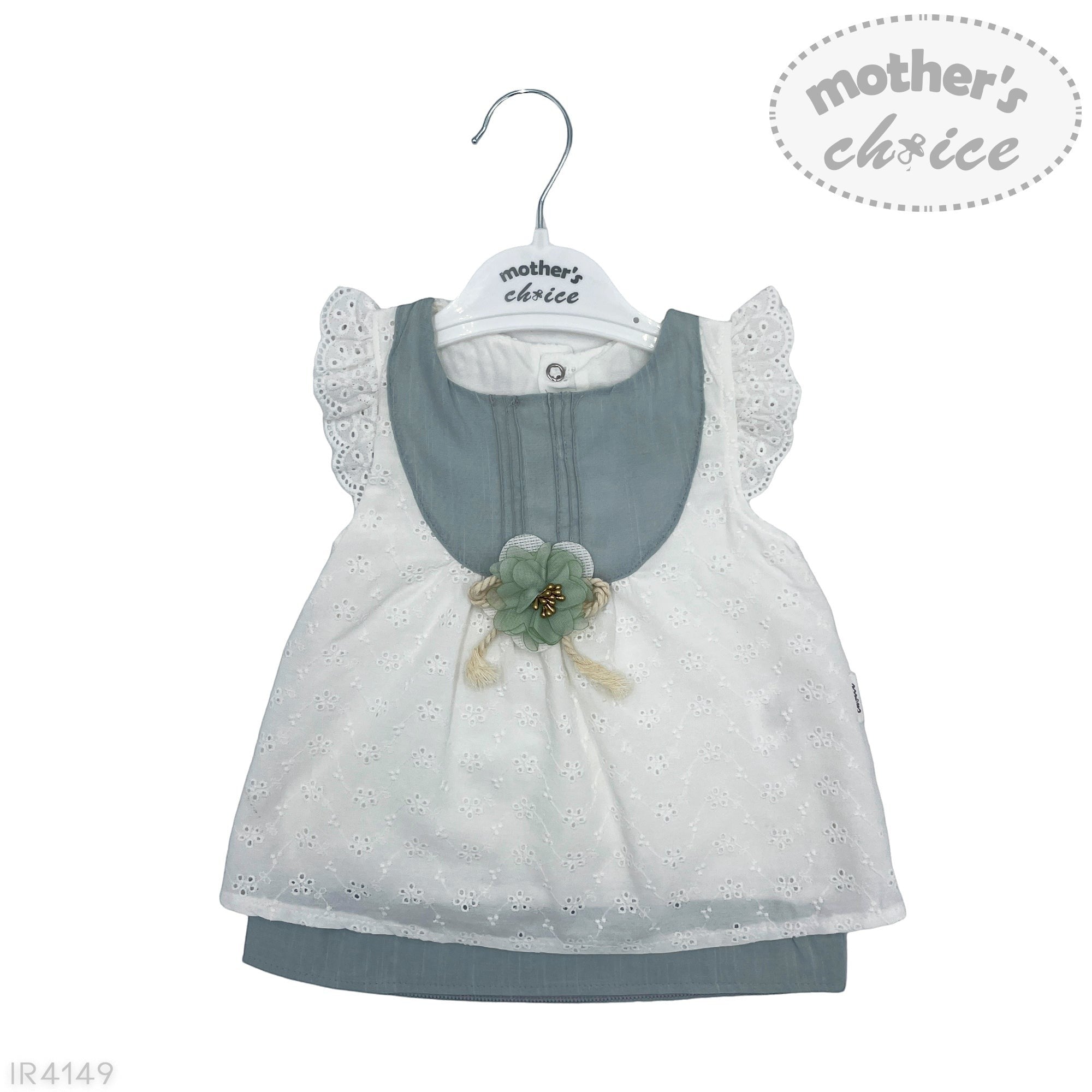 Baby dress with floral details on a 'mother's choice' hanger against a white background