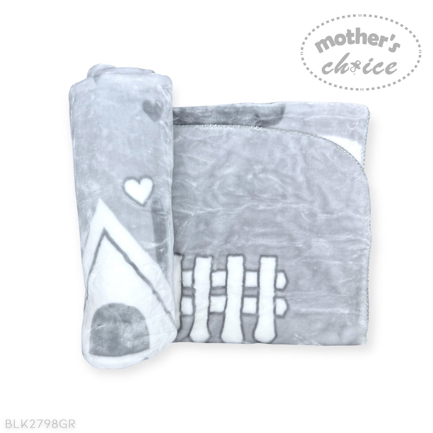 Gray baby blanket with white designs on a white background