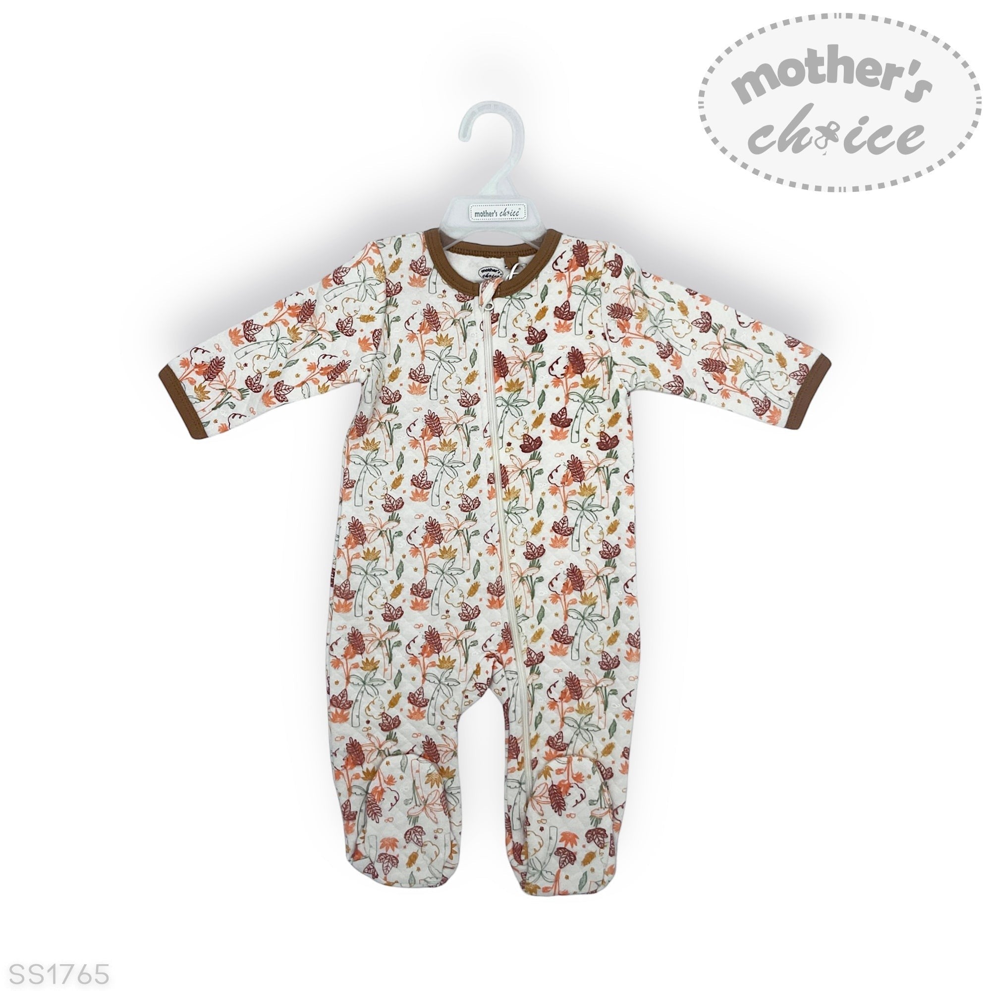 Baby onesie with floral pattern on a hanger against a white background, featuring 'mother's choice' branding.