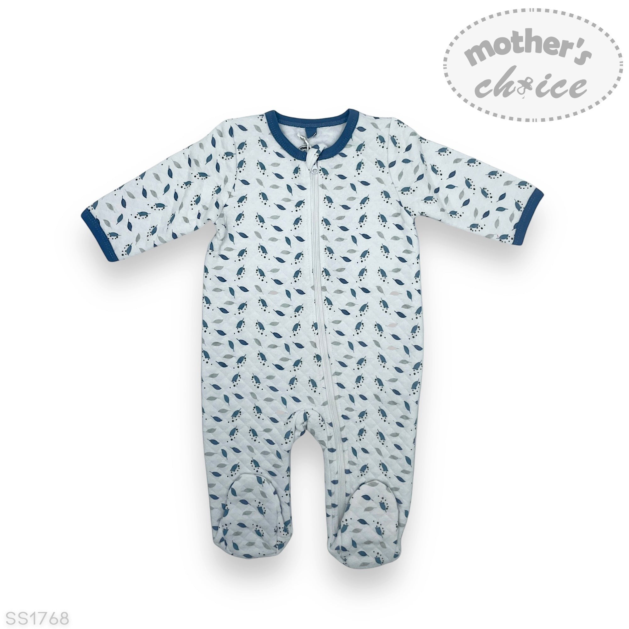 Baby onesie with blue pattern on a white background, featuring 'mother's choice' branding.