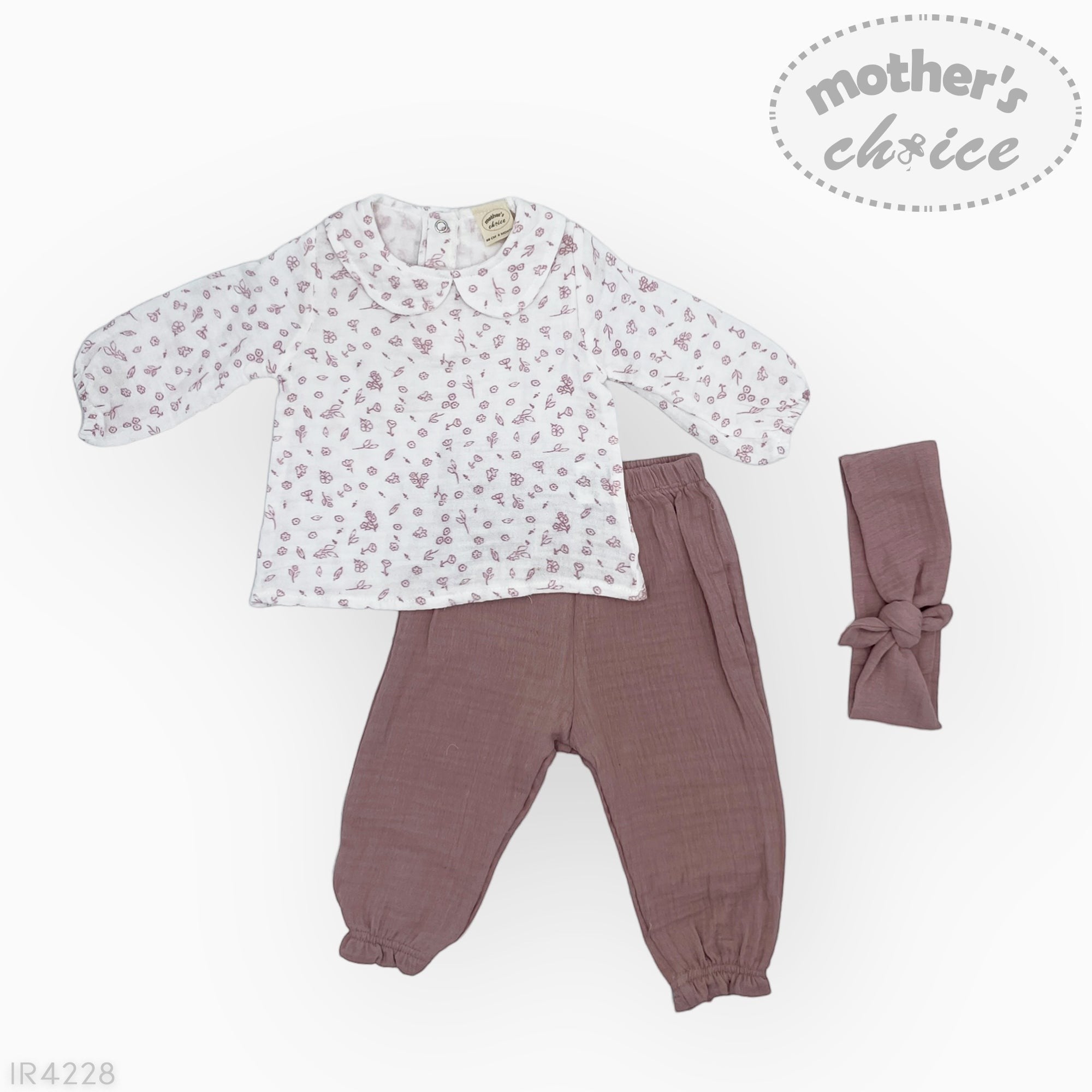 Baby outfit with floral top and brown pants, accompanied by a headband, on a white background.