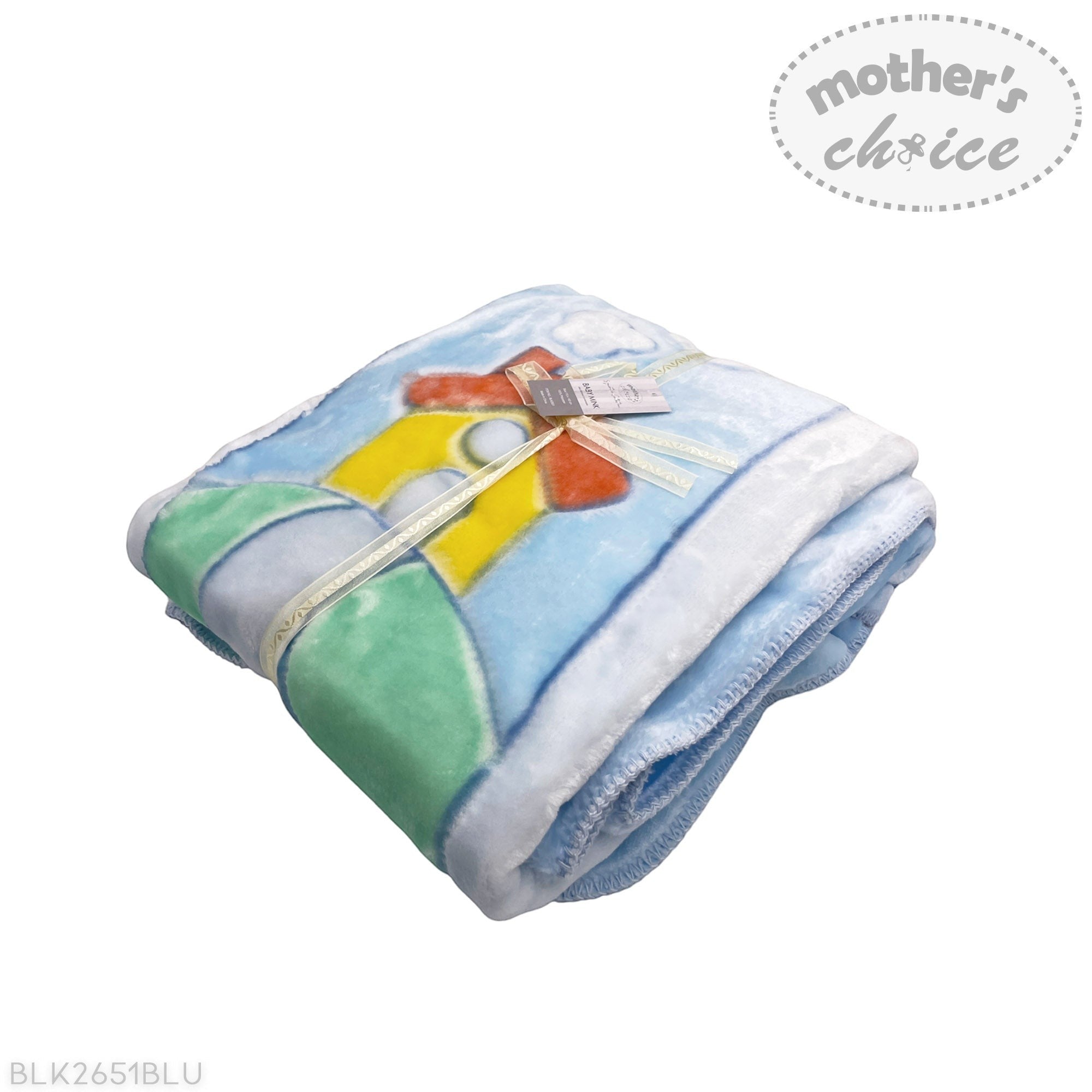 Folded baby blanket with cartoon design on a white background, featuring 'mother's choice' branding.