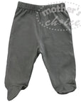 Gray baby pants with footies on a white background, branded 'Mother's Choice'.