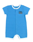 Blue baby romper with 'Chill Dude' text on a white background