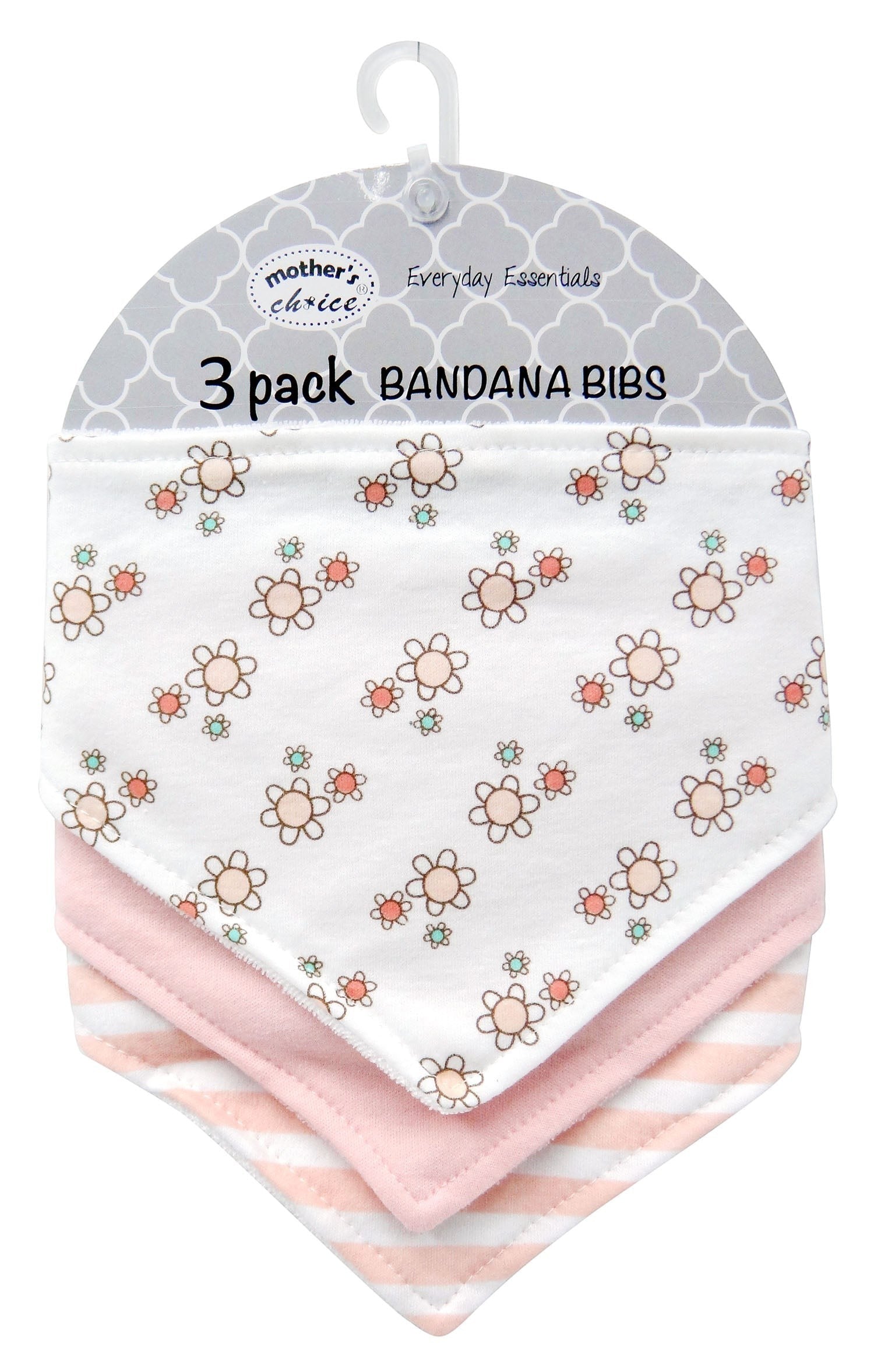 Three pack of bandana bibs with floral and striped patterns on a hanging display.