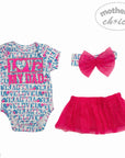 Baby outfit set with onesie, tutu, and headband on a white background