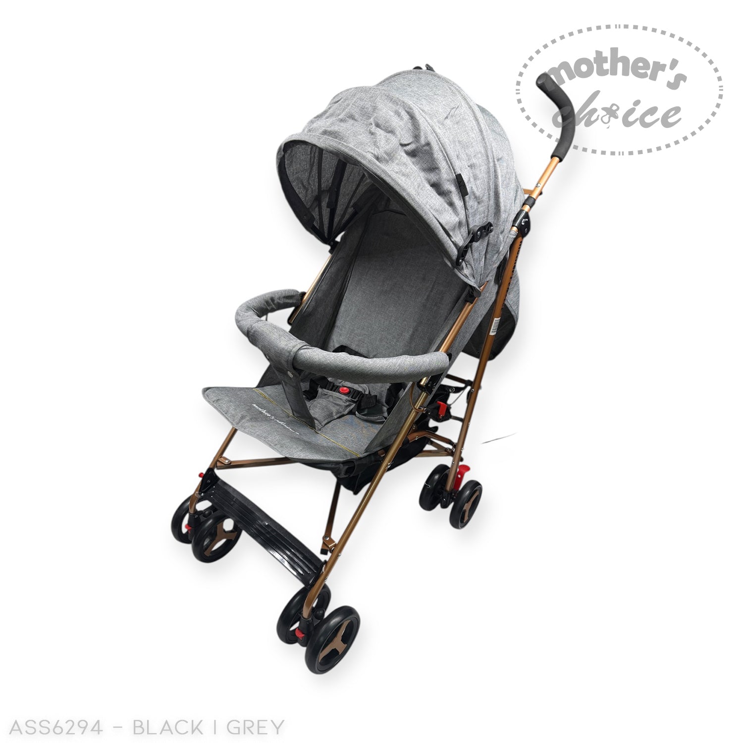 Gray stroller with a canopy on a white background, featuring 'Mother's Choice' branding.