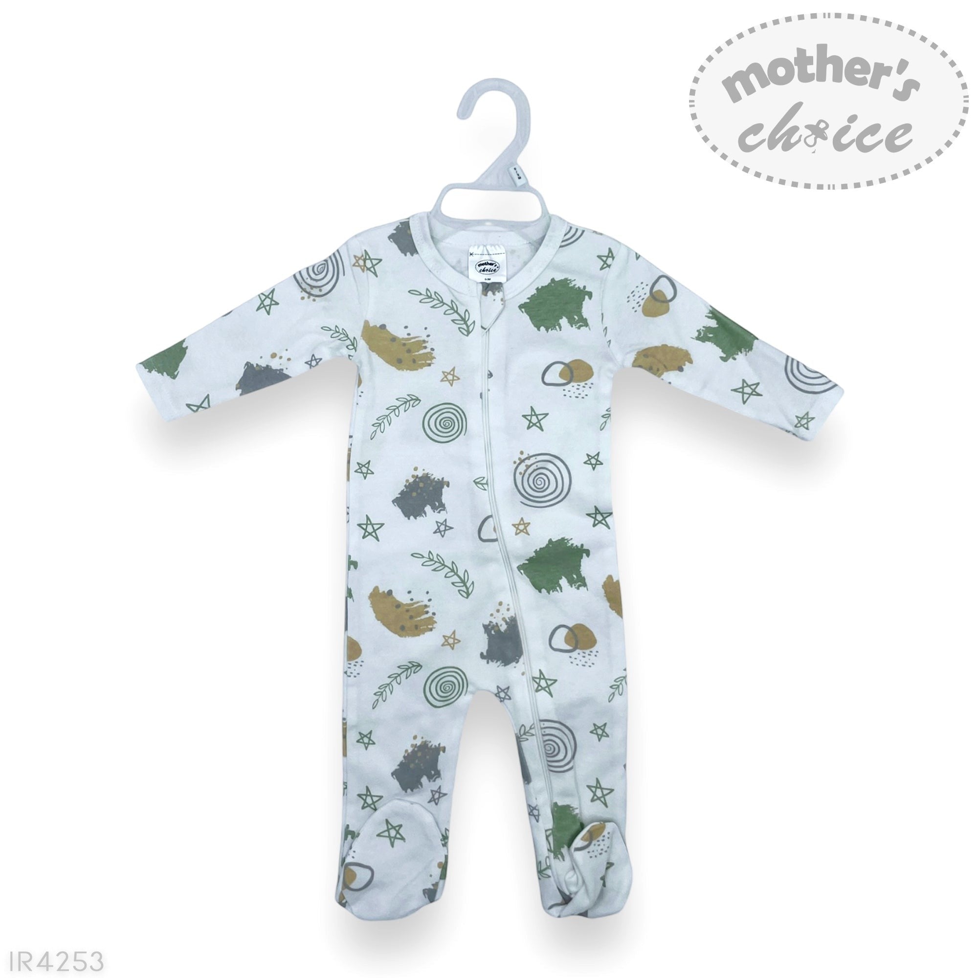 Baby onesie with animal pattern on a hanger, branded 'Mother's Choice'.