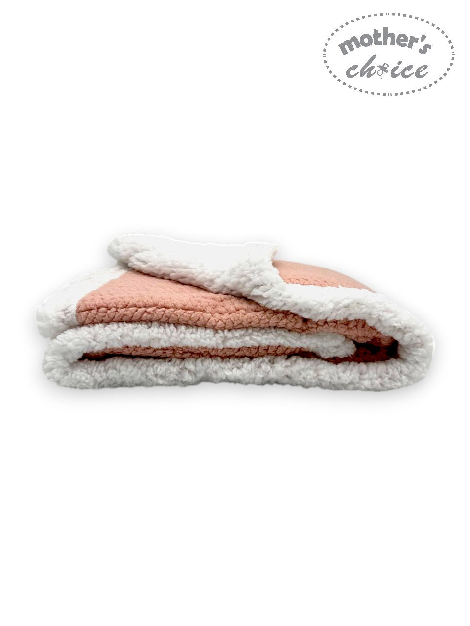Stack of pink and white blankets with 'mother's choice' branding on a white background