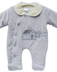 Gray baby onesie with white collar and embroidered design on a white background