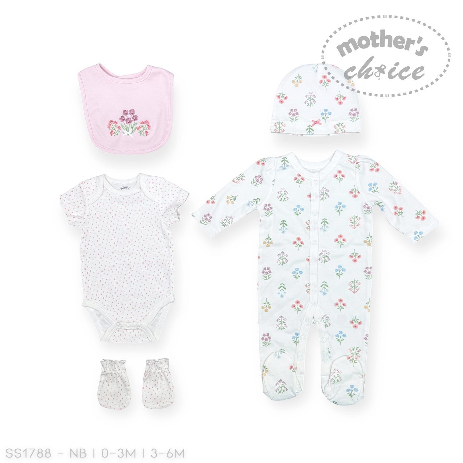 Baby clothing set with floral patterns on a white background, featuring 'Mother's Choice' branding.