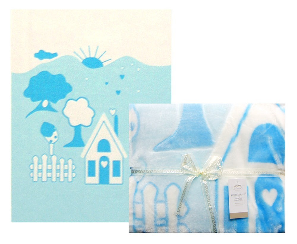 Children's blanket with cartoon house and cloud design on a white background