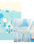 Children's blanket with cartoon house and cloud design on a white background