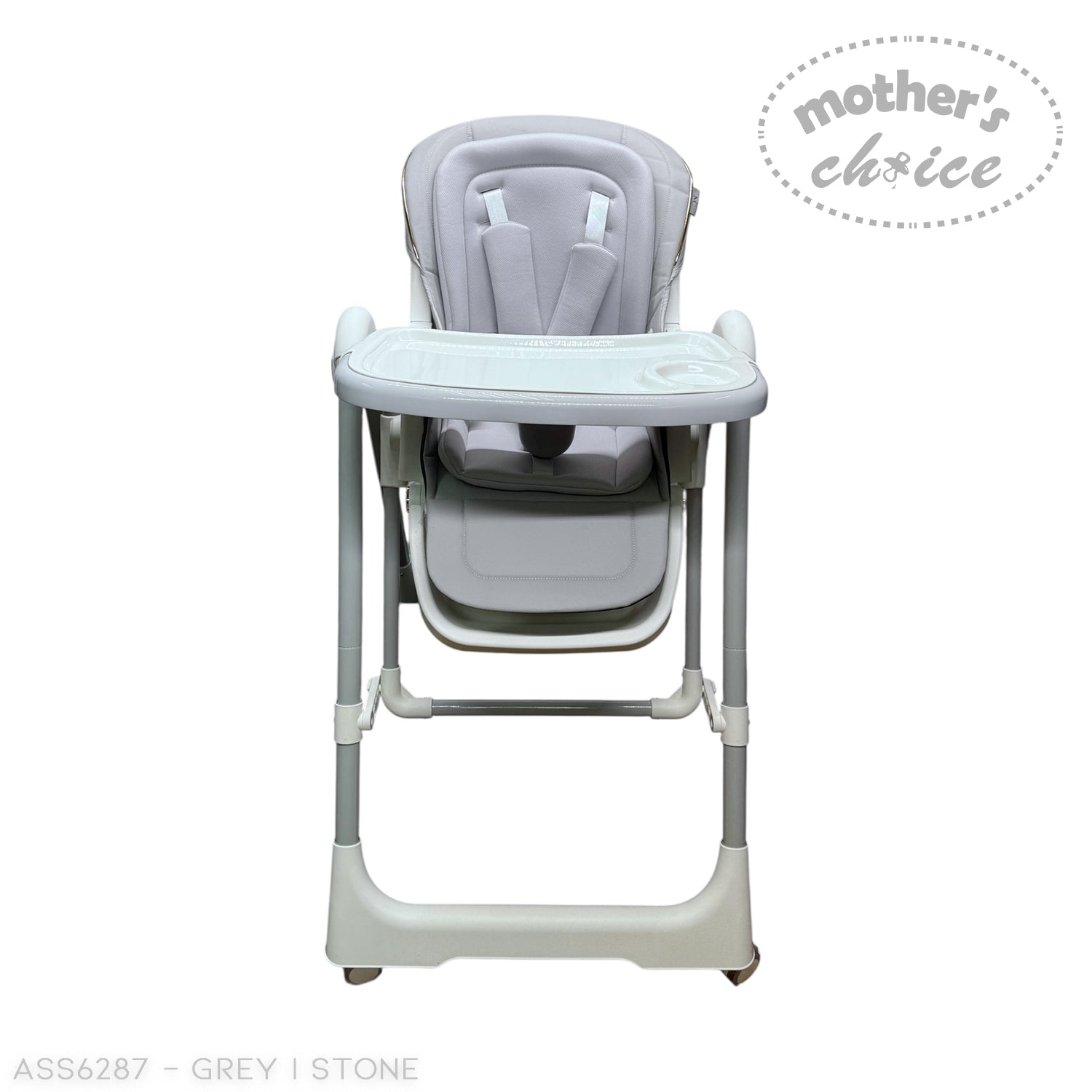 Gray high chair with 'Mother's Choice' branding on a white background