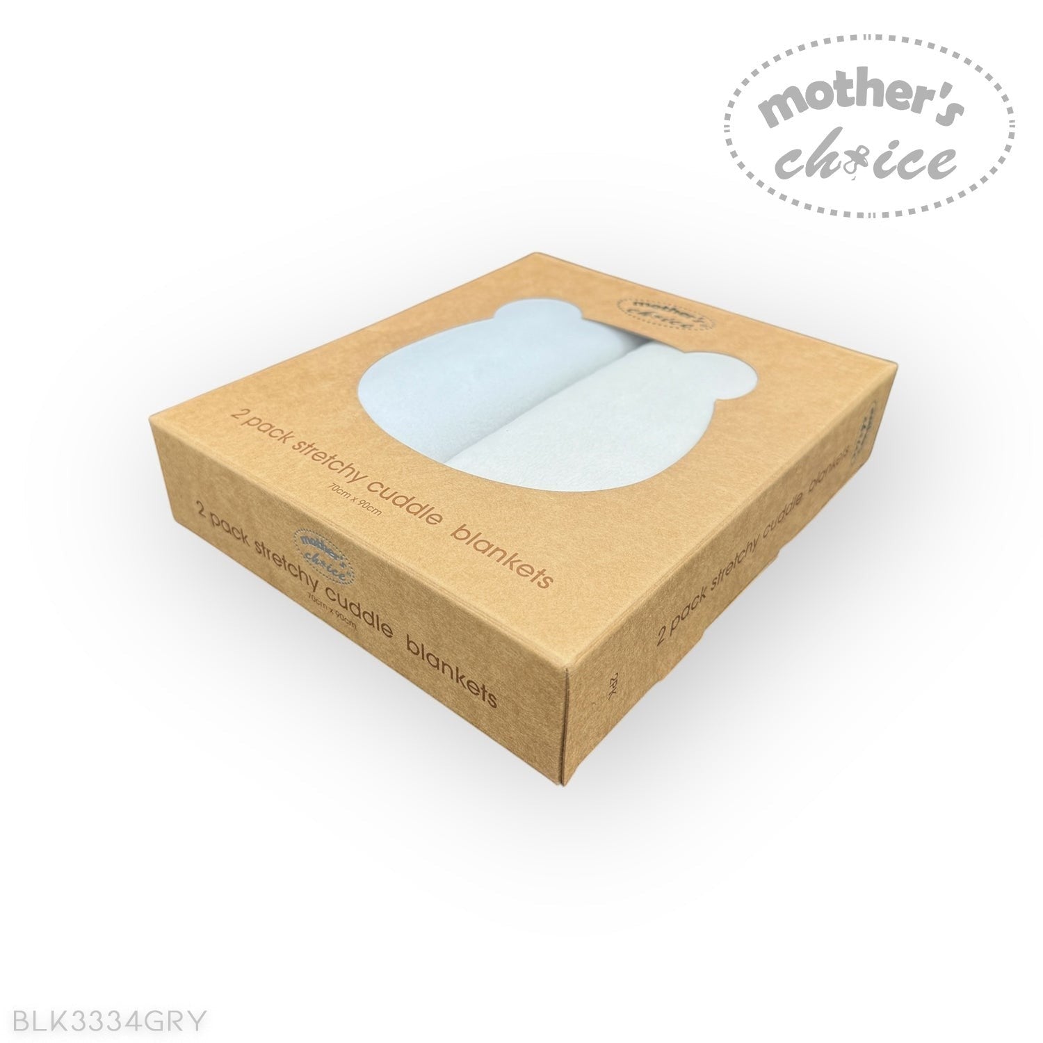 Cardboard packaging box for 'Mother's Choice' stretchy cuddle blankets on a white background