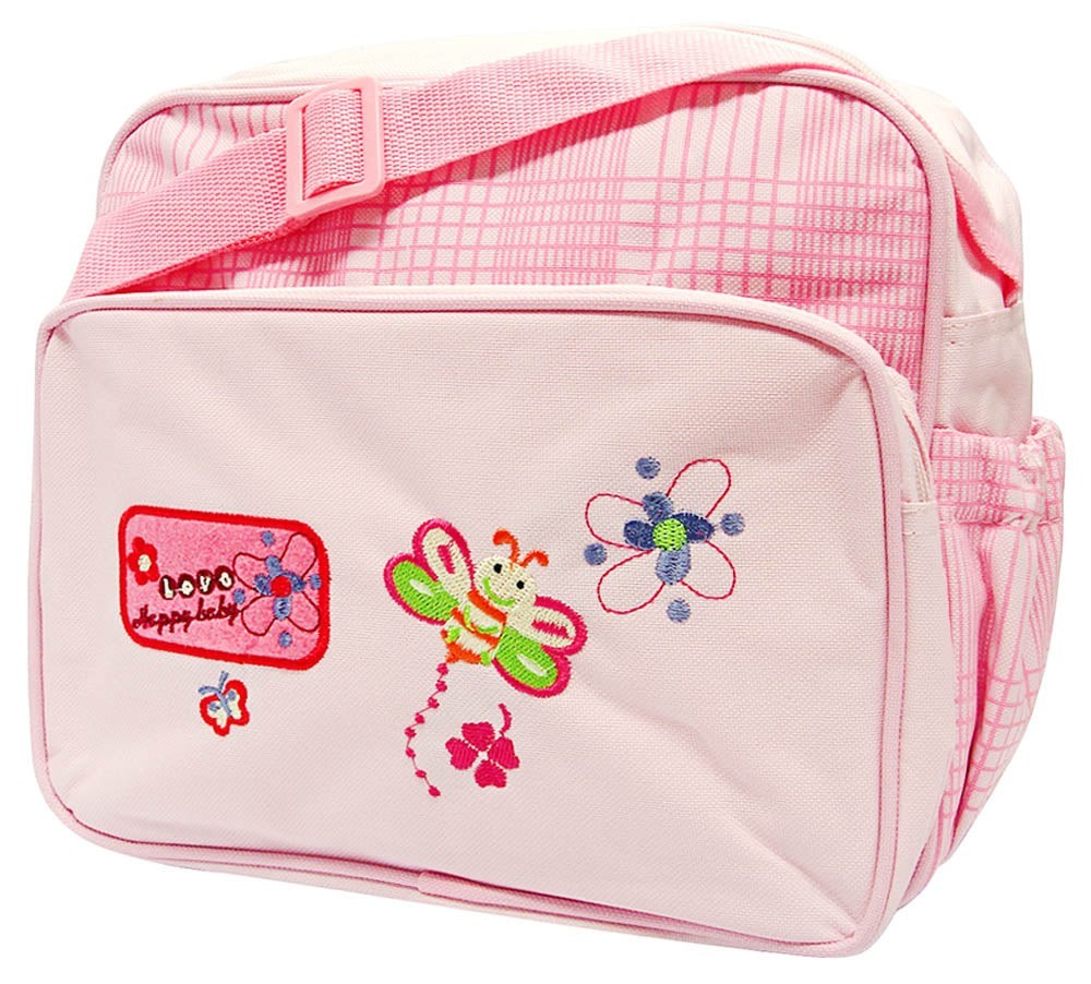 Pink children's bag with butterfly design on a white background