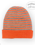 Striped orange and gray beanie on a white background with 'Mother's Choice' branding.
