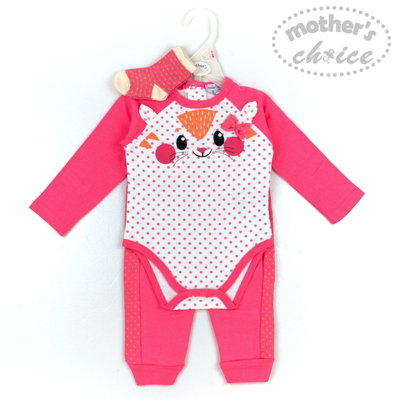 Baby outfit with pink long-sleeve top and pants, featuring a cartoon face design, on a white background with 'mother's choice' branding.
