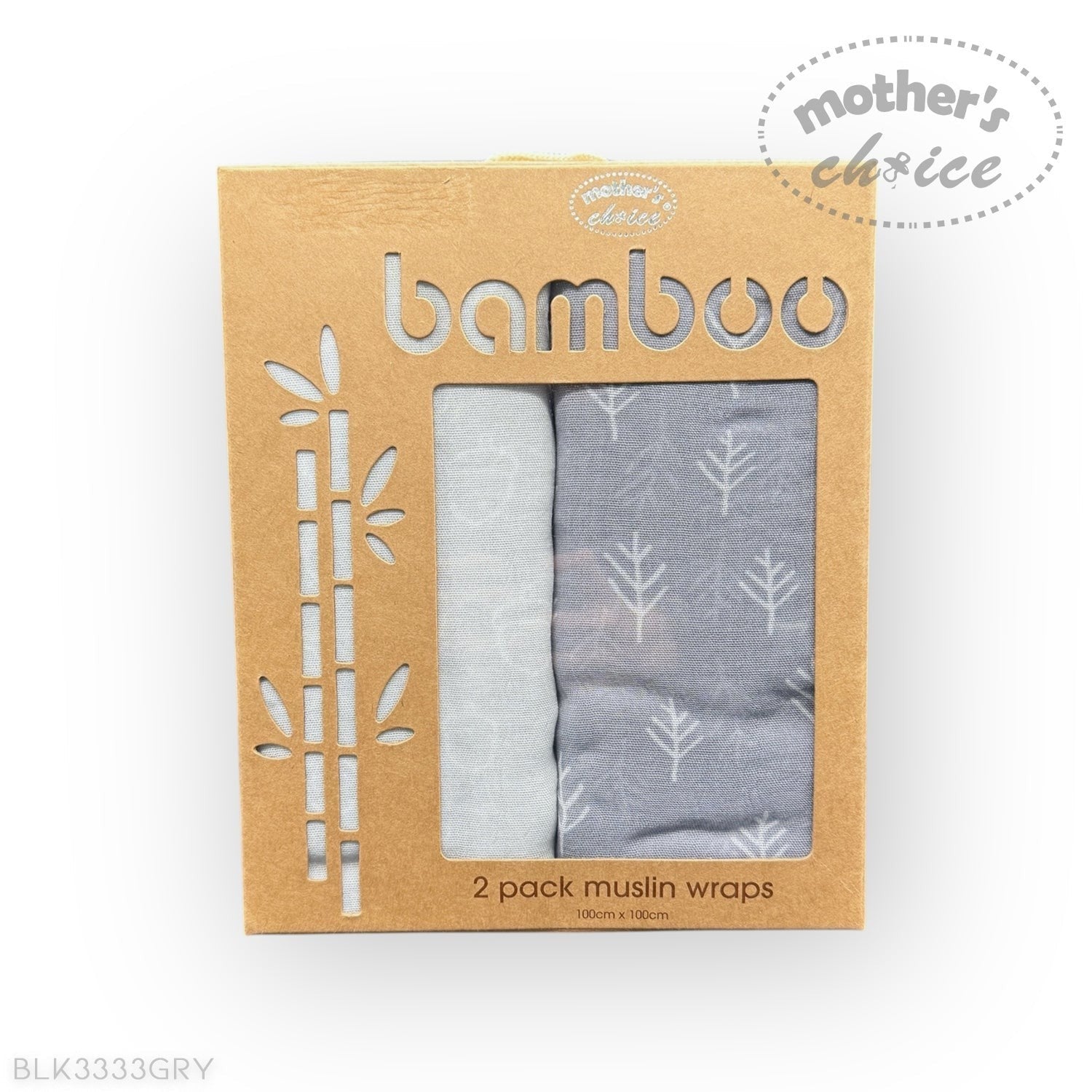 Pack of 2 bamboo muslin wraps in a cardboard box with 'Mother's Choice' branding.