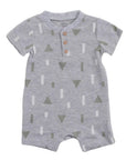Gray baby romper with geometric pattern on a white background