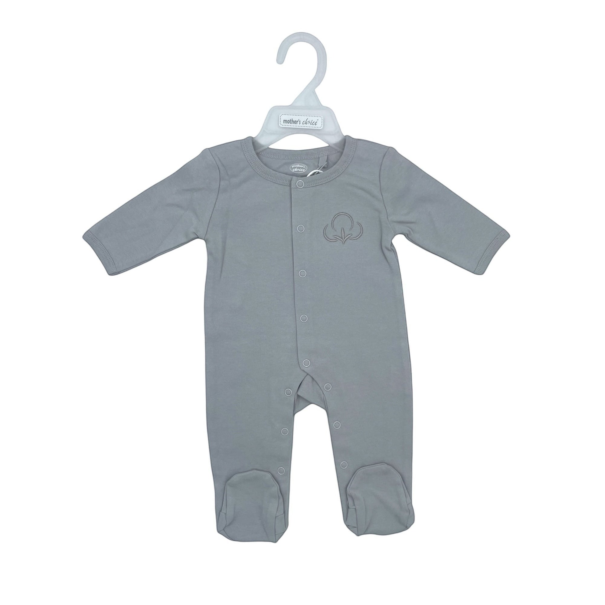 Gray baby onesie on a hanger with a white background