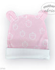Pink baby hat with white acorn patterns on a white background, featuring 'Mother's Choice' branding.
