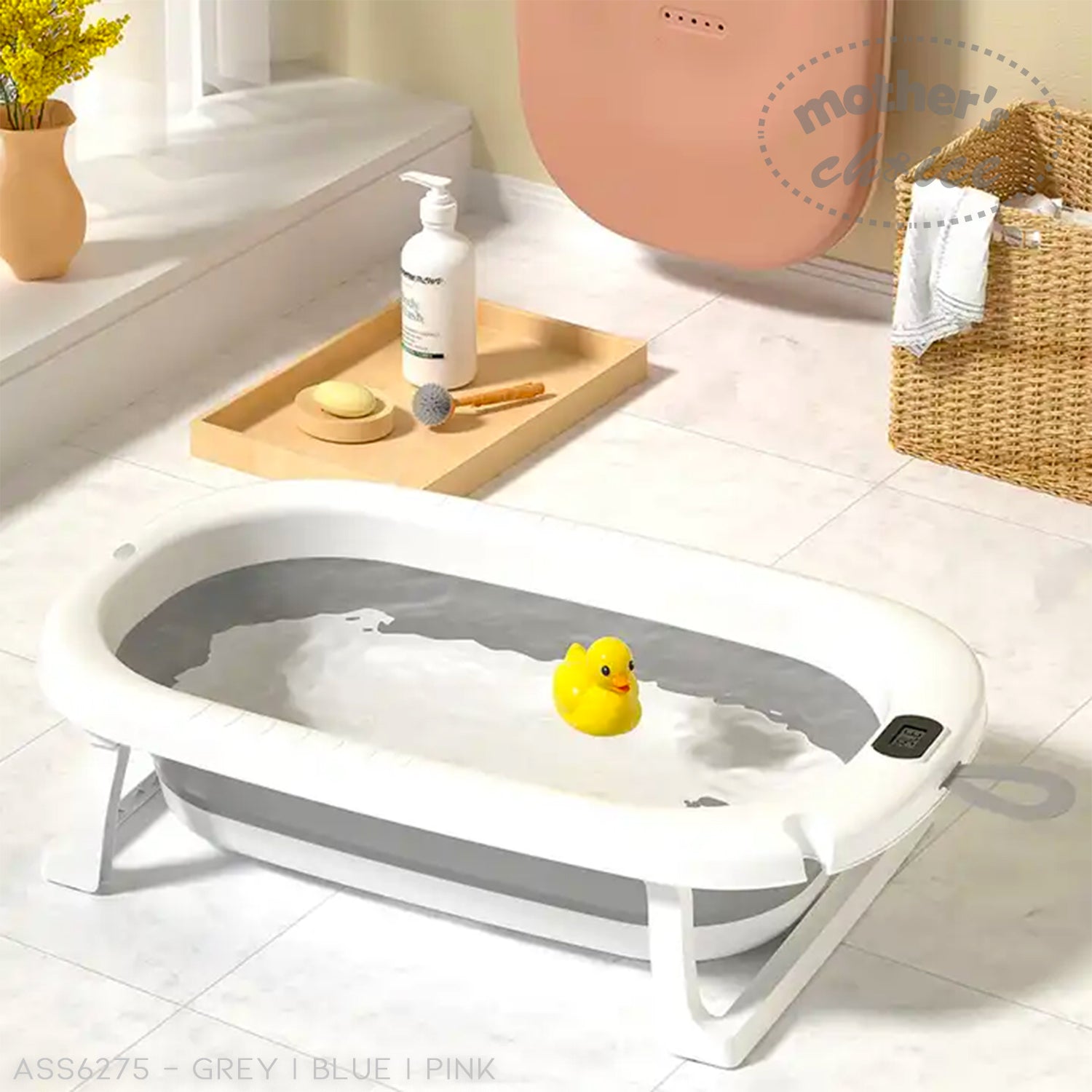 Mothers Choice Foldable Baby Bath Tub with Pillow &amp; Built-in Thermometer