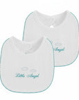 Two white baby bibs with 'Little Angel' embroidery on a white background