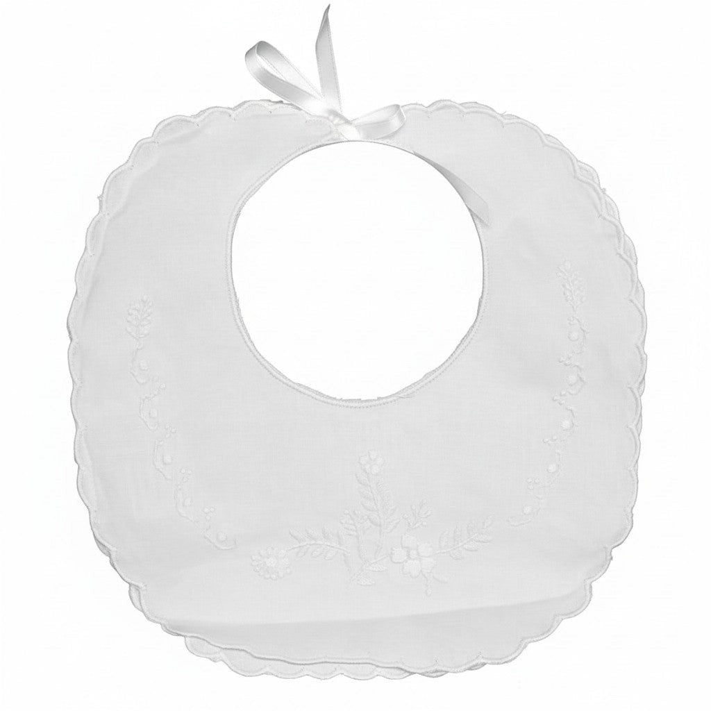White lace baby bib on a white background