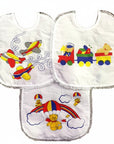 Three children's bibs with colorful airplane, train, and rainbow bear designs on a white background.