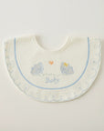 Baby bib with teddy bear design and 'Baby' text on a light background