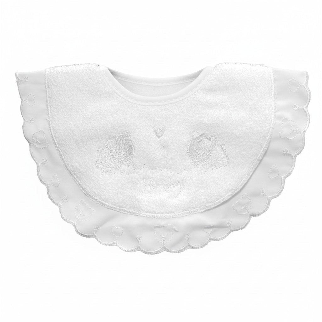 White baby bib with lace details on a white background