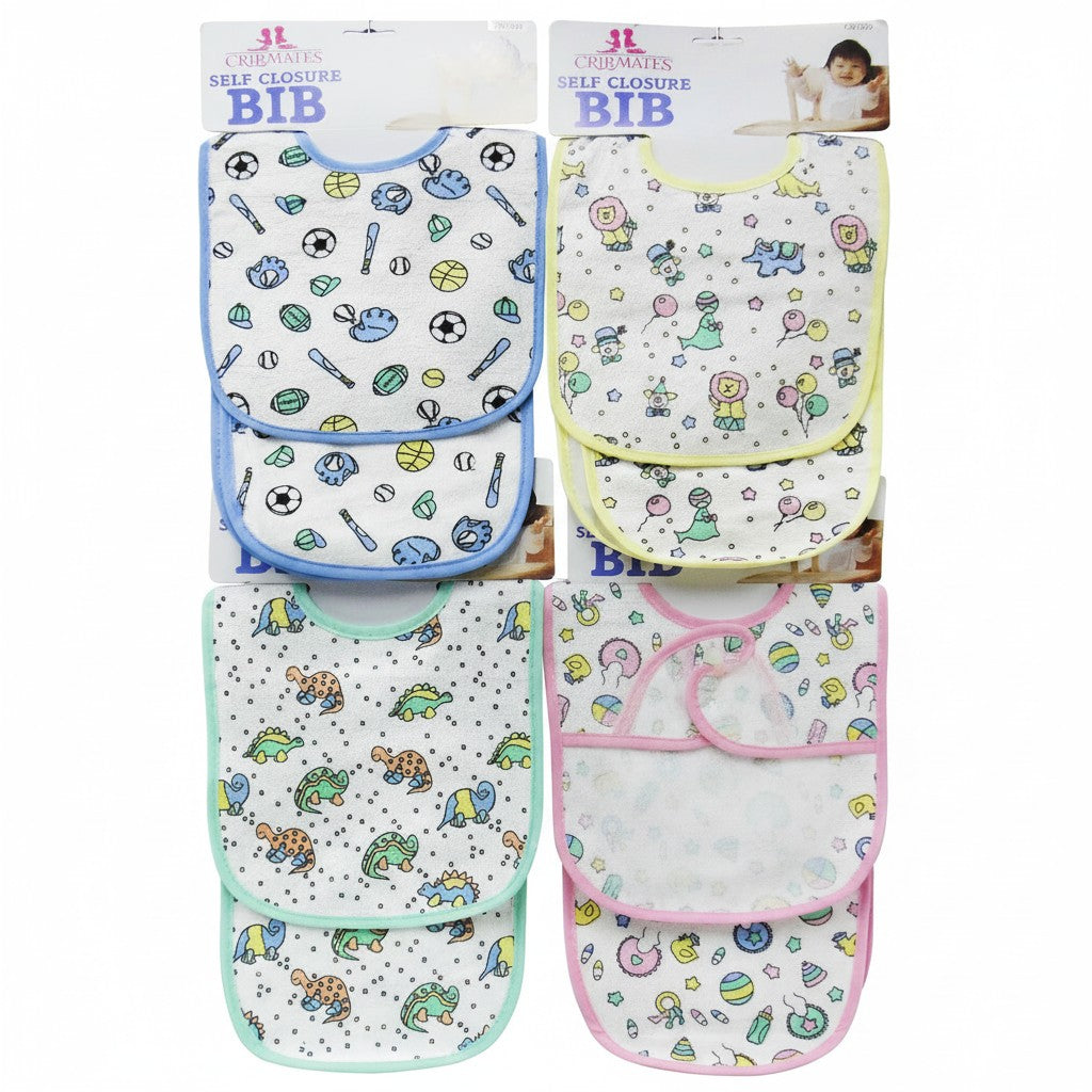 Set of baby bibs with various patterns and colors on a white background
