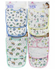 Set of baby bibs with various patterns and colors on a white background