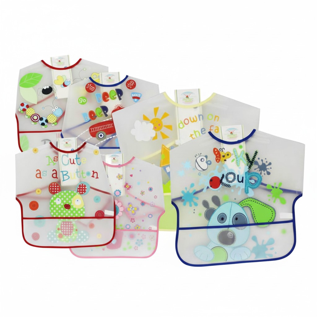 Set of colorful baby bibs with various designs on a white background
