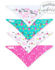 Four triangular bandana bibs with different patterns on a white background, featuring the brand 'mother's choice'.