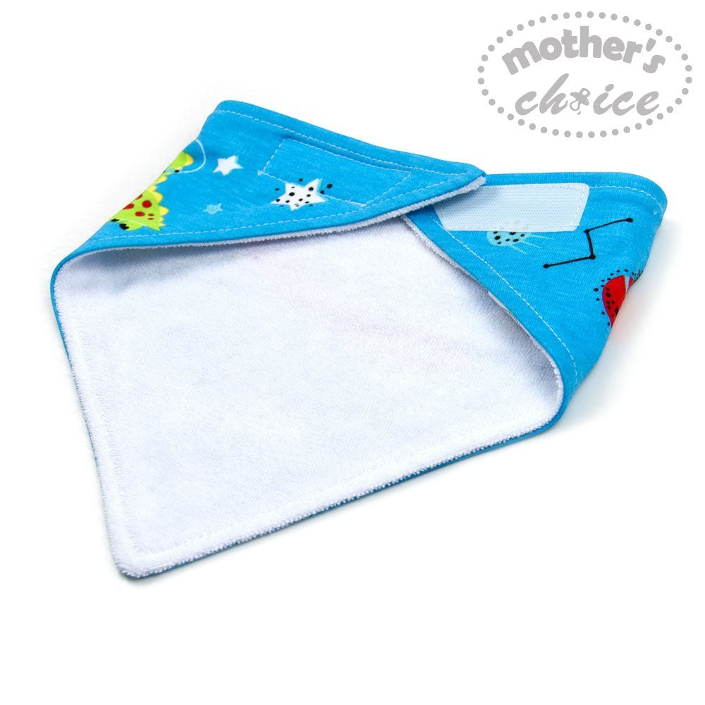 Baby bib with colorful designs on a white background, featuring the brand 'Mother's Choice'.