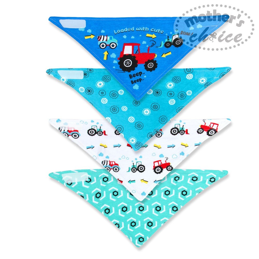 Four triangular bandanas with tractor designs on a white background, featuring the brand 'Mother's Choice'.