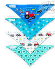 Four triangular bandanas with tractor designs on a white background, featuring the brand 'Mother's Choice'.