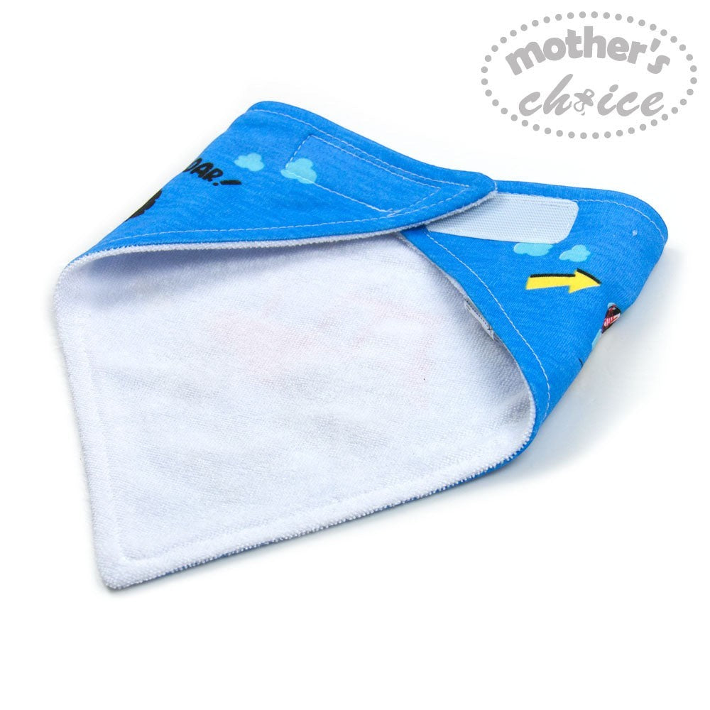 Blue and white baby bib with cartoon designs on a white background, featuring 'mother's choice' branding.