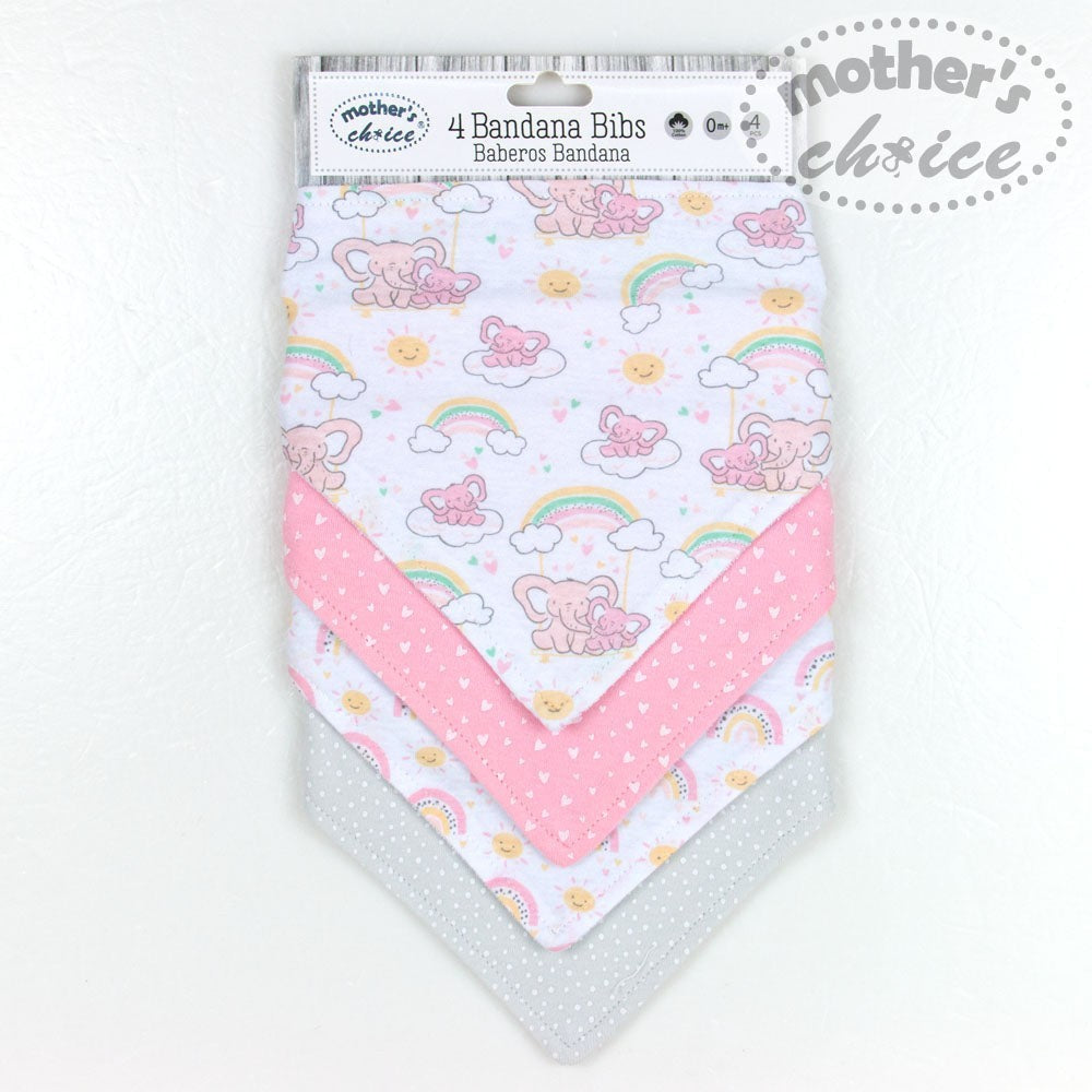 Baby bandana bibs with cartoon designs and 'Mother's Choice' branding on a white background
